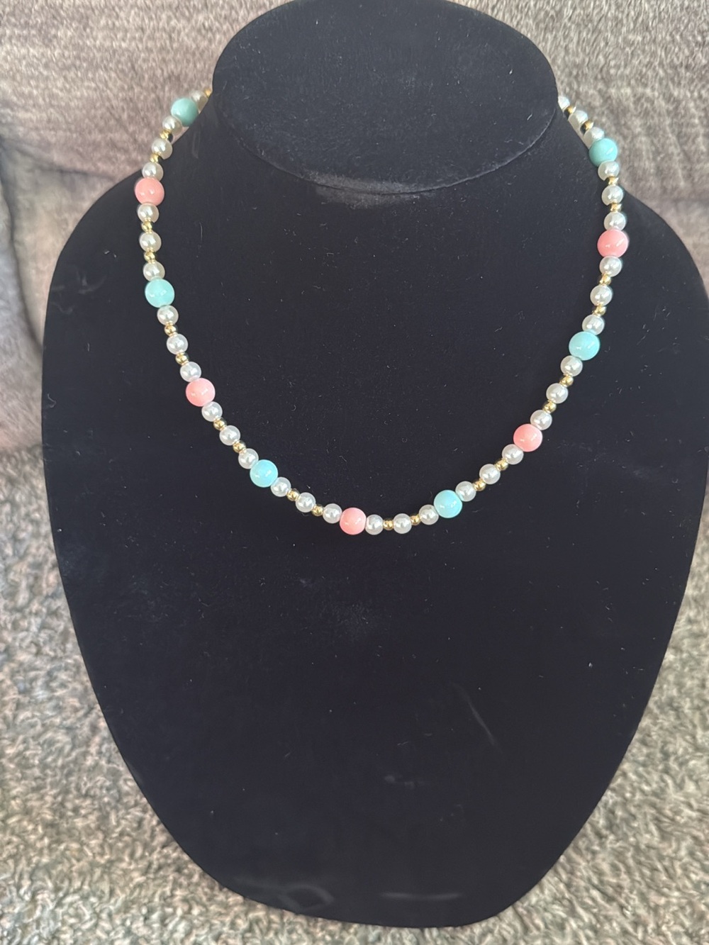 Pastel Pink and Aqua Beaded Necklace with Gold Accents